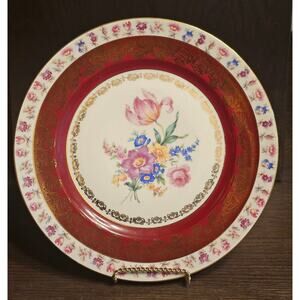 Vtg Bavaria Maroon Floral Center Dinner Plate Gold Trim Made in Germany 10 1/4"